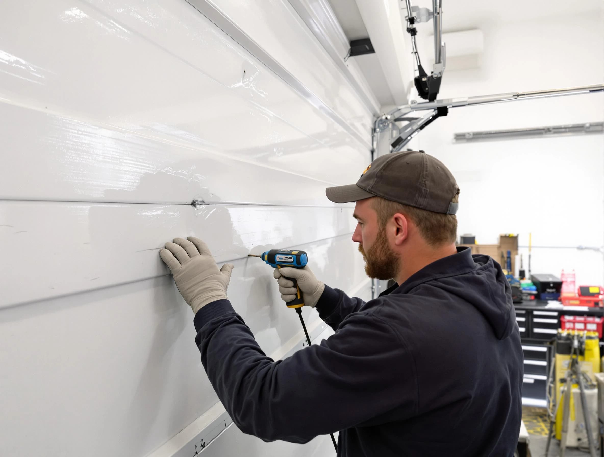 Haverhill Garage Door Repair technician demonstrating precision dent removal techniques on a Haverhill garage door