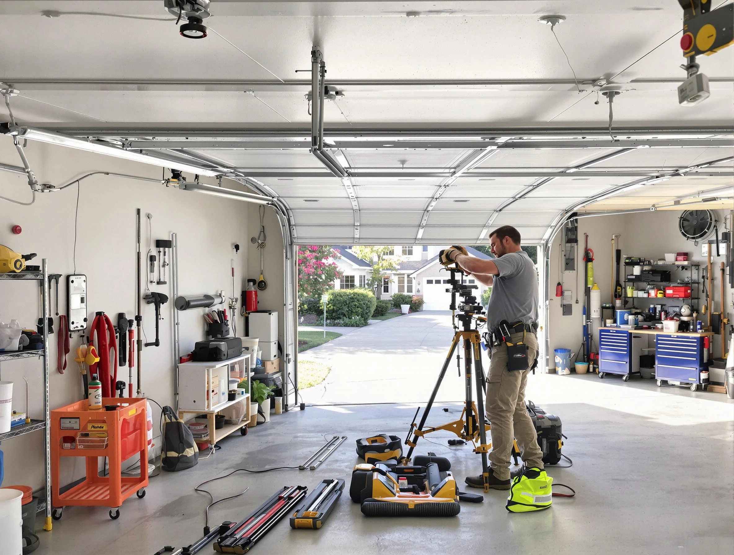Haverhill Garage Door Repair specialist performing laser-guided track alignment in Haverhill